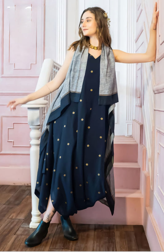 Navy Blue Polka Dots and a Grey Linen twist Dress